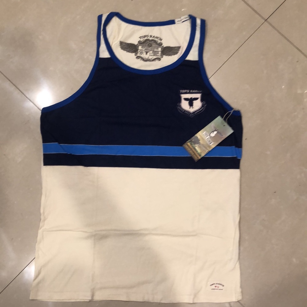 NWT BOGO TOPO RANCH mens super soft & ORGANIC tank top shirt top blue white